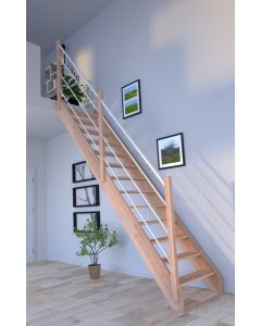 Raumspartreppe Rhodos Gerade in Buche ohne Setzstufen und Holz-Edelstahl Geländer Weiß (Hier Links)