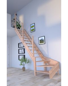Raumspartreppe Rhodos Buche in gewendelter Ausführung links - ohne Setzstufen - mit Holz-Edelstahl-Geländer