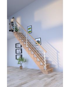 Massivholztreppe Lindos Eiche in gerader Ausführung - ohne Setzstufen - mit Design-Geländer-Edelstahl links