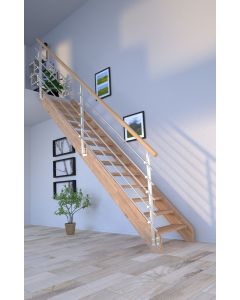 Massivholztreppe Mykonos Eiche in gerader Ausführung - ohne Setzstufen - mit Design-Geländer-Edelstahl links