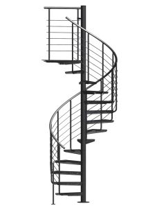 Spindeltreppe PERFO aus massiven Stahl in schwarz mit Geländer und Podest – pulverbeschichtet