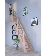 Raumspartreppe Samos in Buche mit verjüngten / wechselseitig begehbaren Stufen und Holz-Edelstahl-Geländer links
