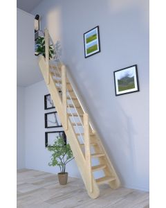 Raumspartreppe Samos in Fichte mit verjüngten / wechselseitig begehbaren Stufen und Holz-Edelstahl-Geländer links