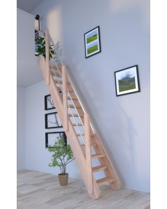 Raumspartreppe Samos in Buche mit verjüngten / wechselseitig begehbaren Stufen und Holz-Edelstahl-Geländer links