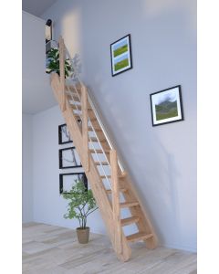 Raumspartreppe Samos in Eiche mit verjüngten / wechselseitig begehbaren Stufen und Holz-Edelstahl-Geländer links