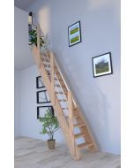 Raumspartreppe Samos in Eiche mit verjüngten / wechselseitig begehbaren Stufen und Holz-Edelstahl-Geländer links