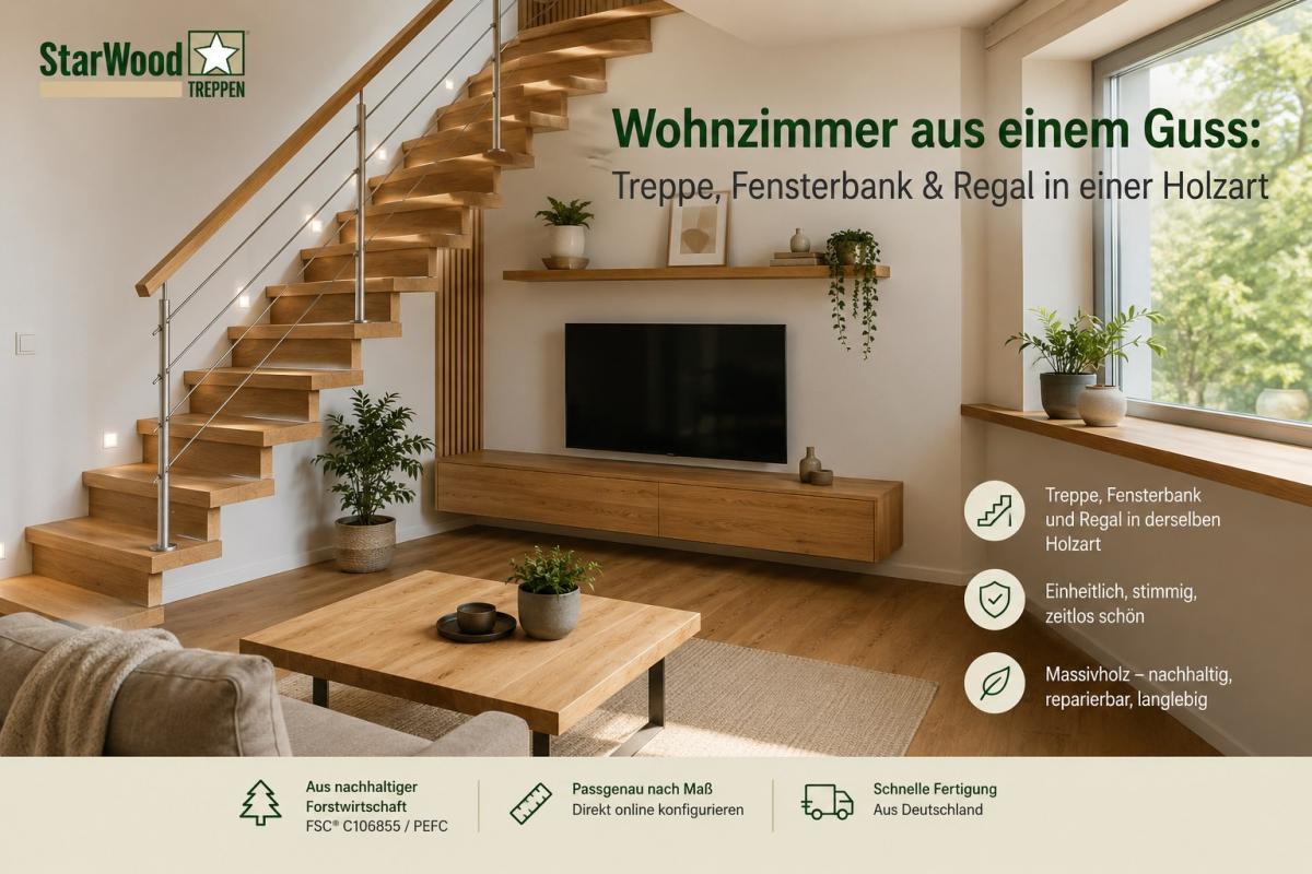 Wohnzimmer aus einem Guss: Treppe, Fensterbank & Regal in einer Holzart
