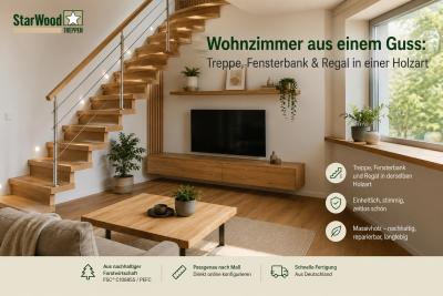 Wohnzimmer aus einem Guss: Treppe, Fensterbank & Regal in einer Holzart