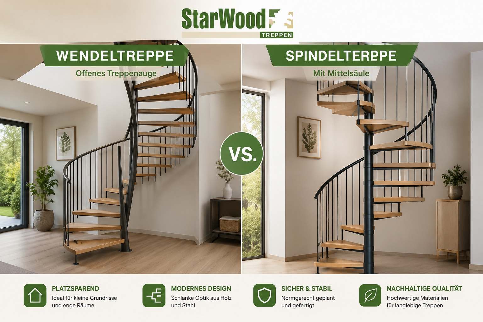 Wendeltreppe vs. Spindeltreppe: Unterschied, Maße & Planung